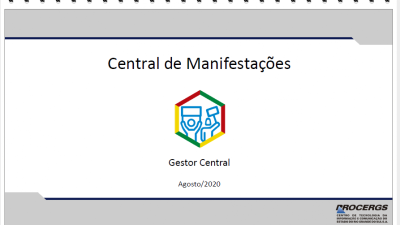 manual gestor central, capa com o título central de manifestações centralizado, abaixo um hexágono com dois bonequinhos ao centro segurando cartazes, abaixo escrito gestor central e abaixo mês e ano do documento.