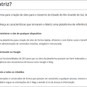 A imagem descreve o que é o sistema matriz gerenciador de sites. Apresenta três mini imagens dispostas na vertical e ao lado o significado de cada uma.