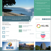 A imagem mostra o exemplo de site construido no matriz. Na parte superior tem a imagem de um rio e na beira uma árvore com faixa de areia. Abaixo links dos serviços e eventos do site.