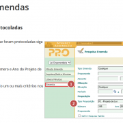 A imagem mostra a pesquisa de emendas. Á esquerda a informação de como pesquisar e à direita a tela da pesquisa.