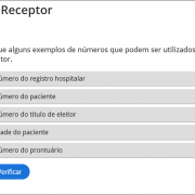 A imagem mostra um exercício de múltipla escolha, com uma pergunta sobre o cadastro do receptor de sangue e cinco respostas.
